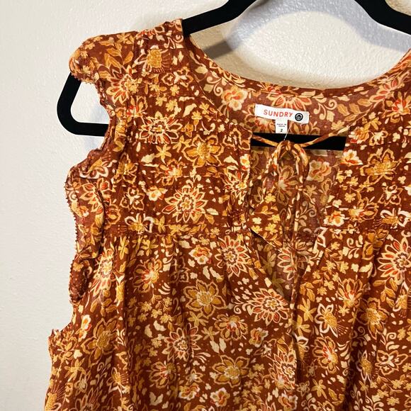 Sundry Anthropologie Orange Floral Flutter Sleeve Blouse Size 2 - Picture 2 of 5